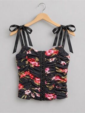 Guess Ruched corset tank top with hook-and-eye front closures, mesh overlay